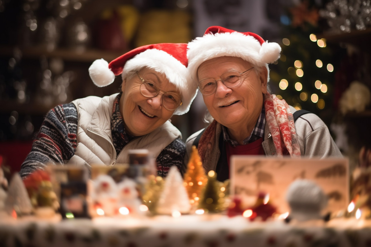 A photo of a happy older couple shopping at a christmas market souvenir shop in tallinn