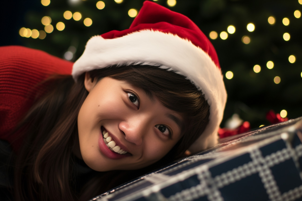 Picture of a young, happy asian woman with a santa hat