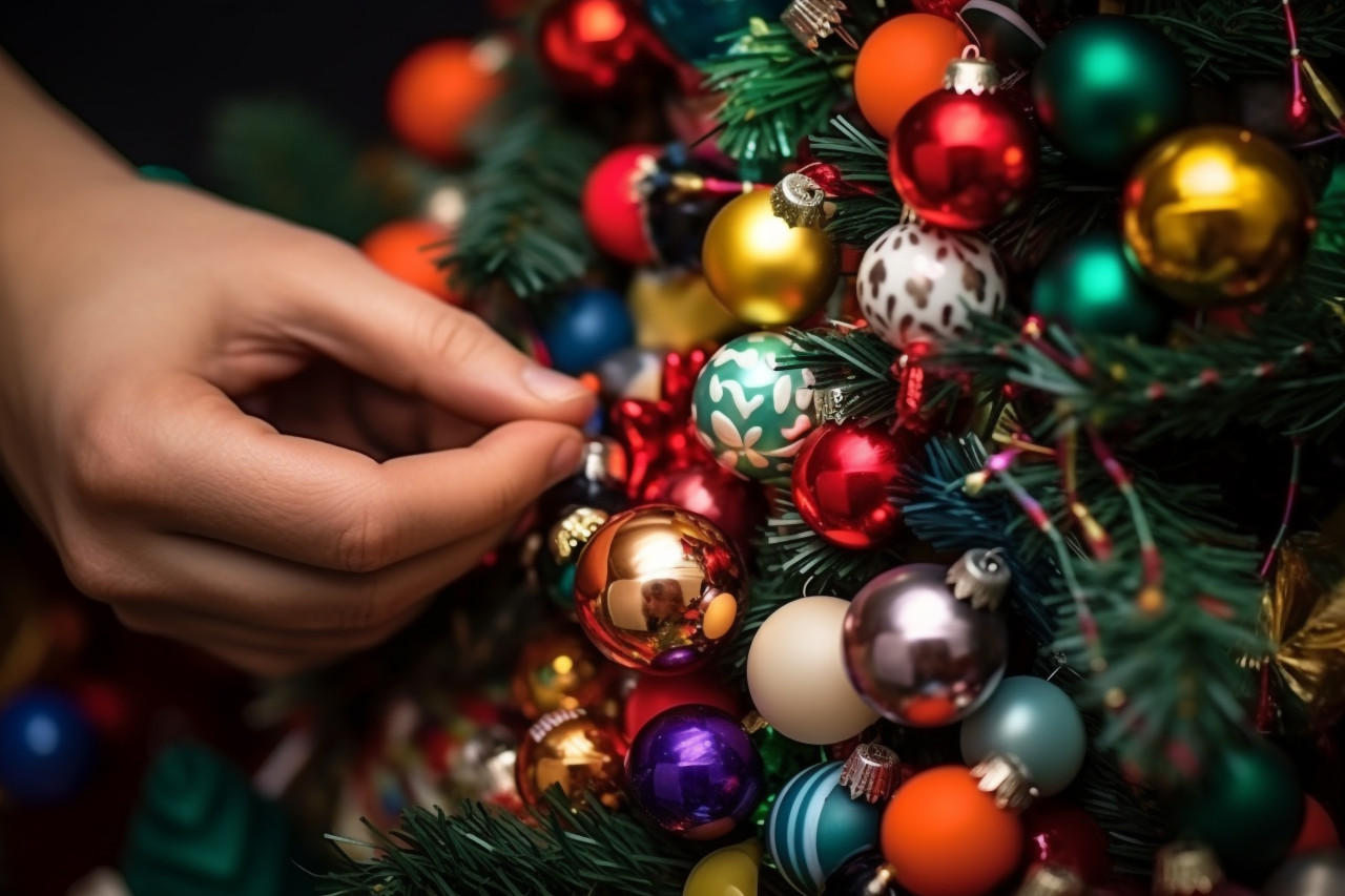 A photo of a womans hands decorating a christmas tree with balls and toys
