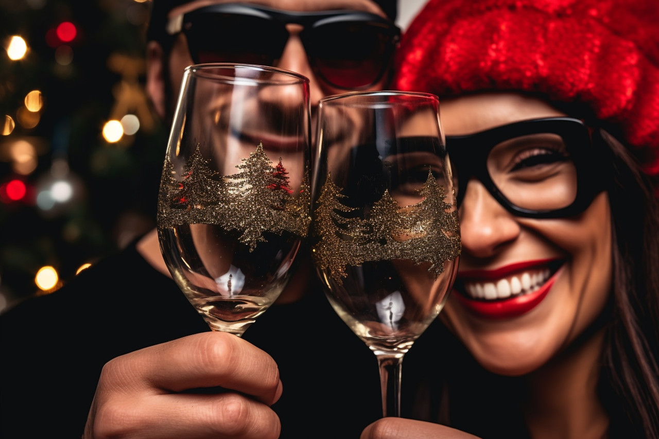 Close up photo of a man and woman clinking champagne glasses to celebrate the new year