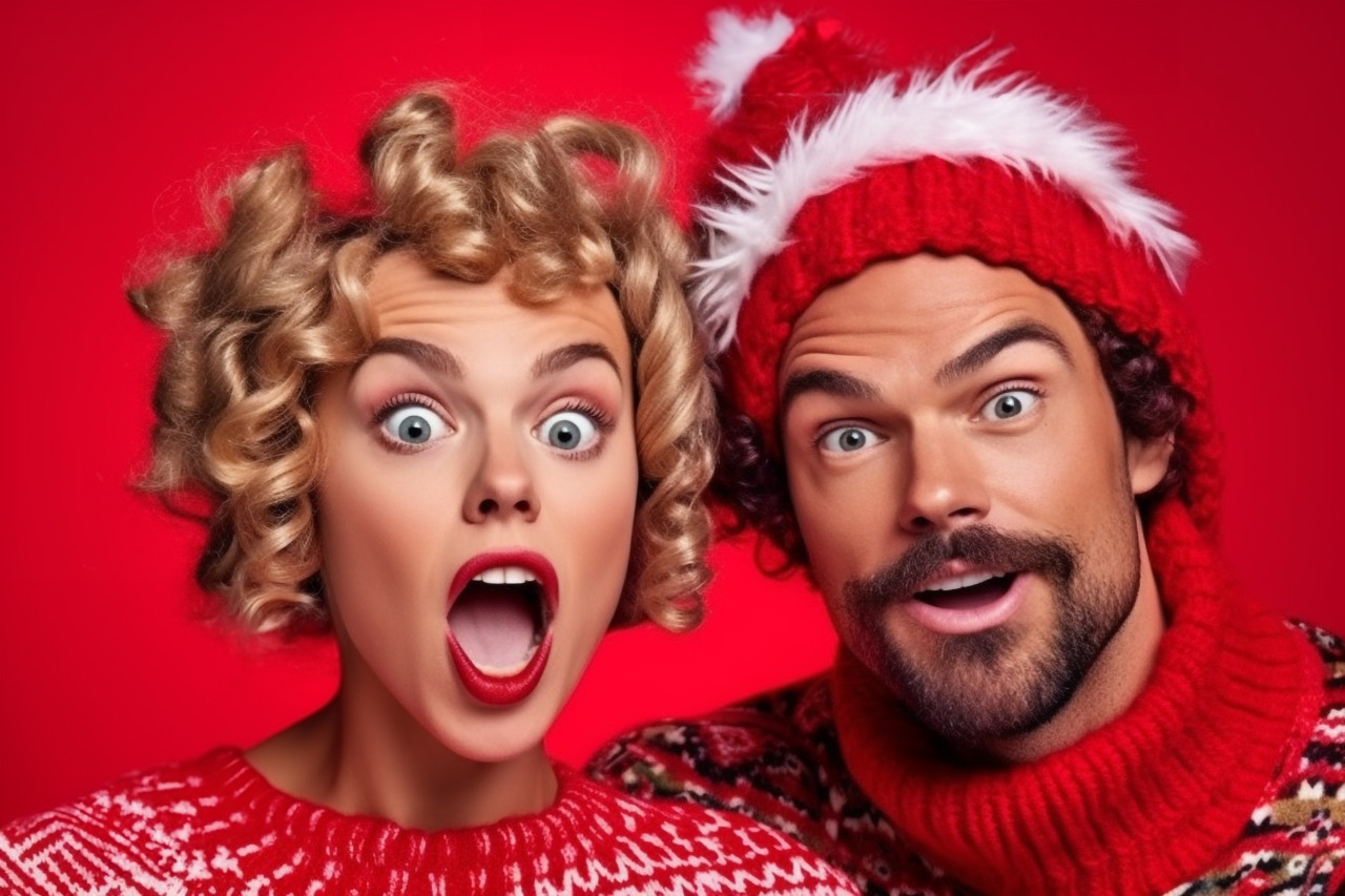 A photo of a crazy lady and guy at a christmas costume party taking selfies while wearing knitted jumpers with ornaments on a red background