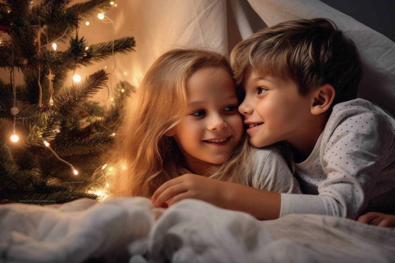 A photo of children hugging in bed while looking at a christmas tree