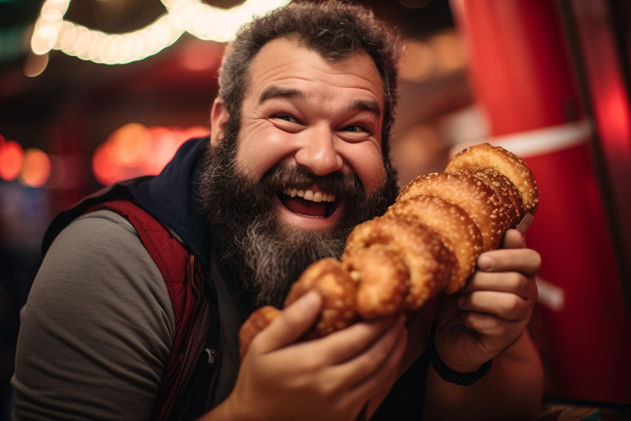 A photo of a happy man eating trdelnik a sweet pastry with his arm around his father at a christmas market