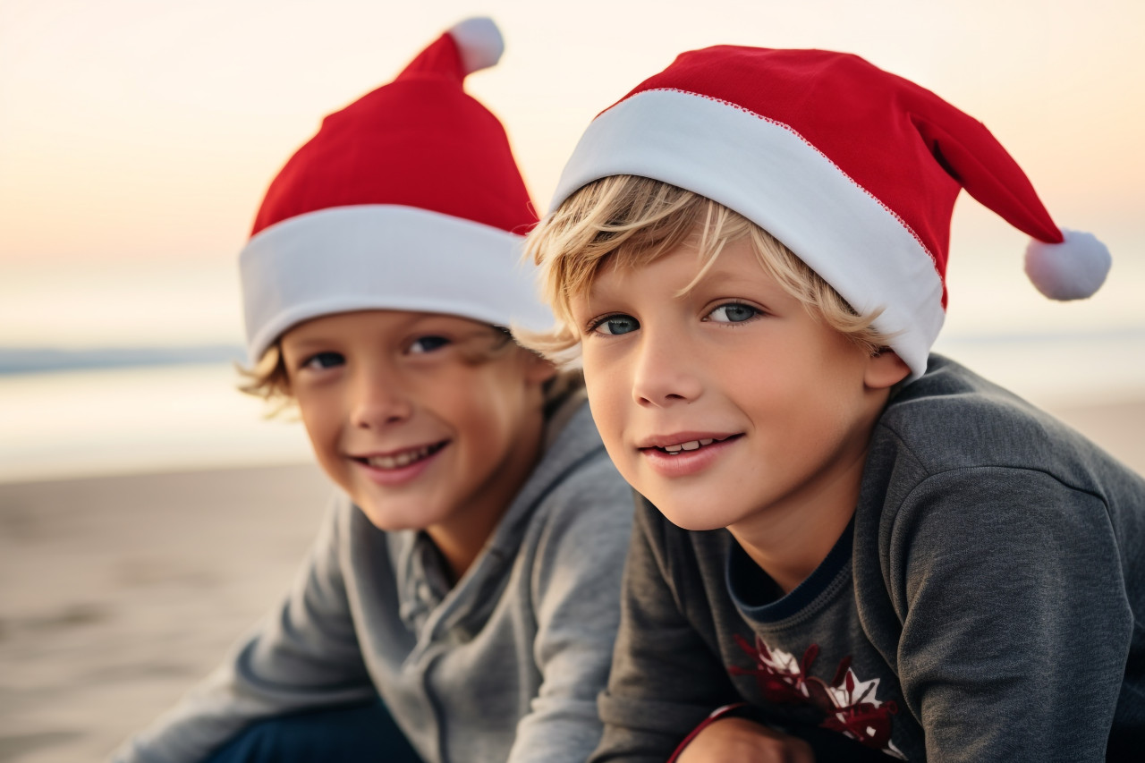 A picture of two young boys wearing santa hats sitting on the beach with the ocean behind them