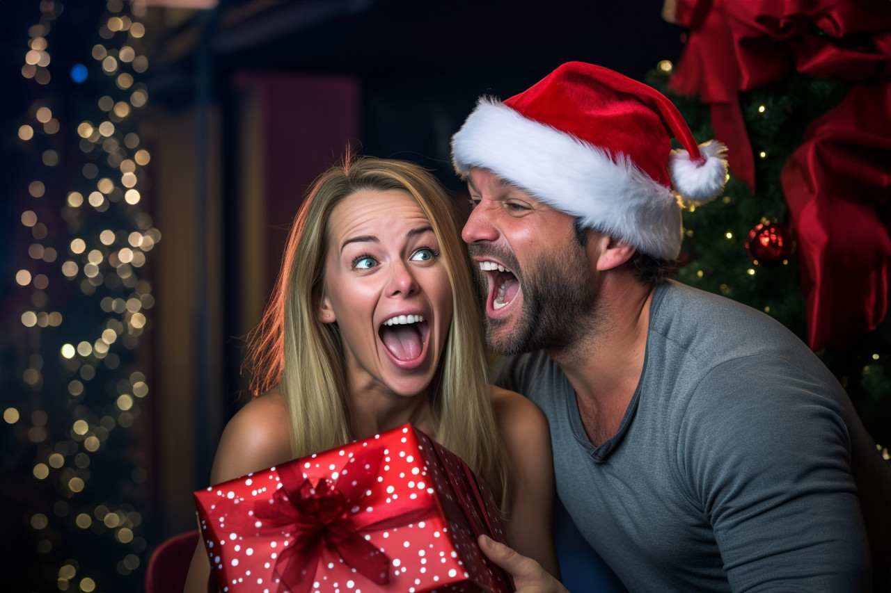 A picture of a man surprising a woman on christmas