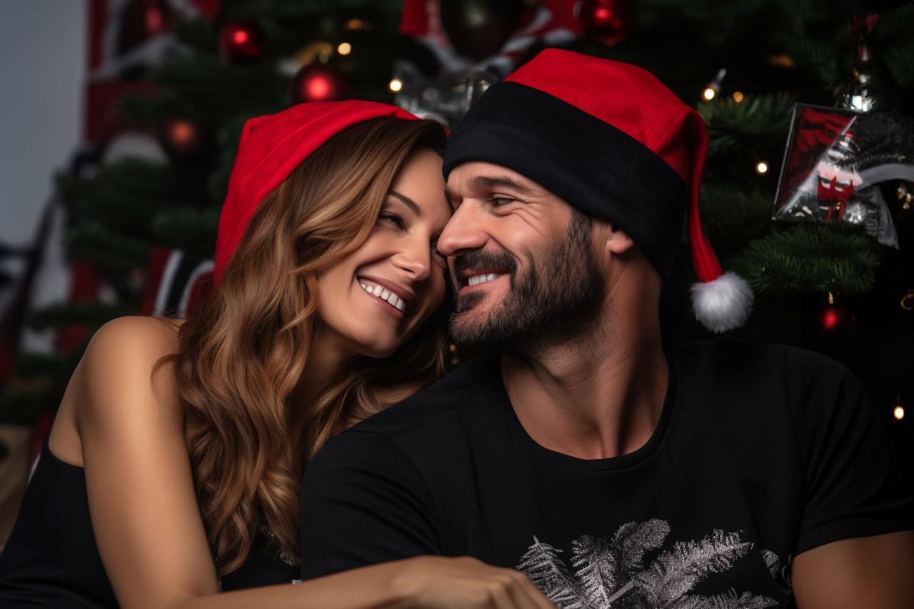 A picture of two people who love each other. they are sitting next to a christmas tree and wearing santa hats