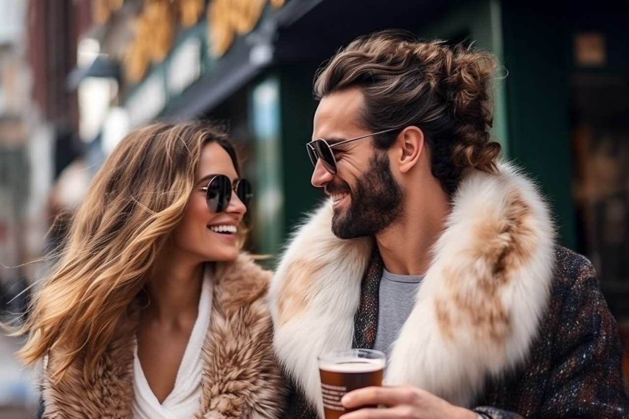 A picture of a picture of a happy and attractive couple wearing winter clothes and drinking christmas drinks outside in a city street