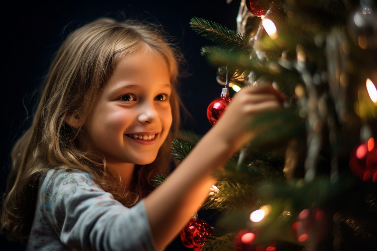 A picture of a happy girl putting ornaments on a christmas tree