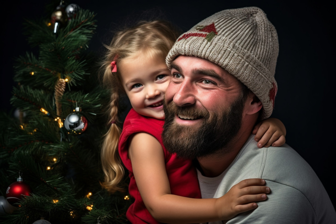 A photo of a happy young man carrying his daughter on his back to help her place the star on top of a decorated christmas tree