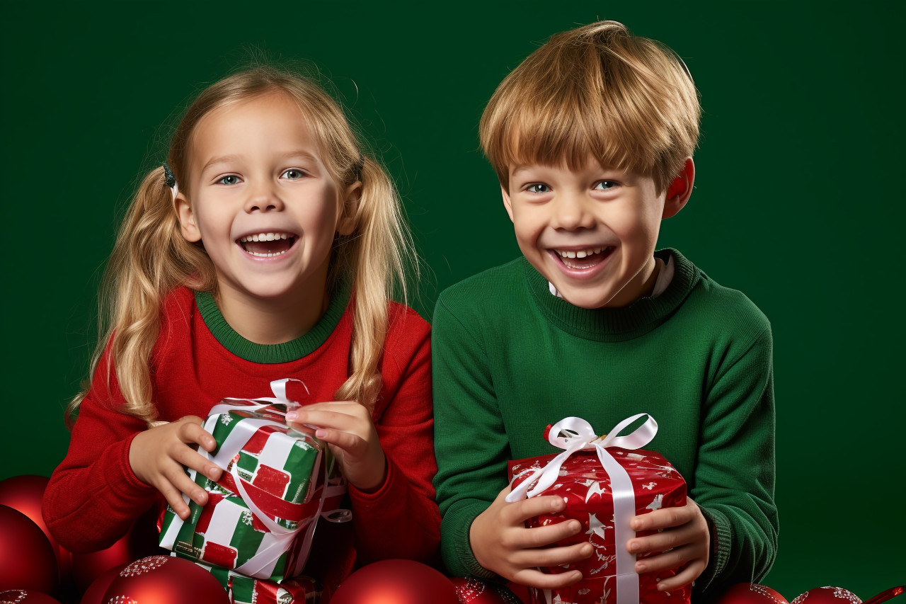 A picture of small children holding christmas balls and gifts in front of a green background