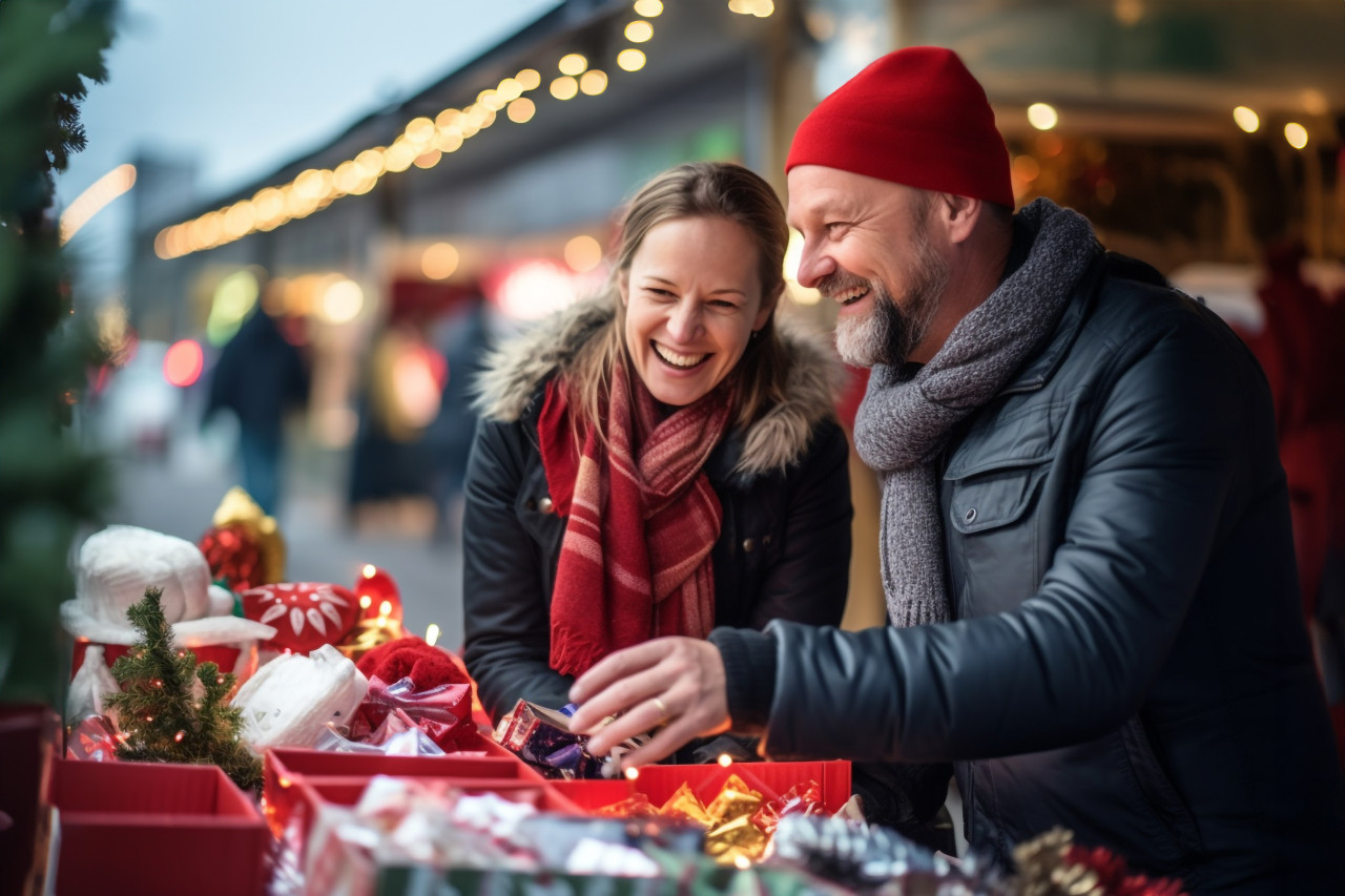 A picture of a happy couple shopping at a christmas market and picking out gifts