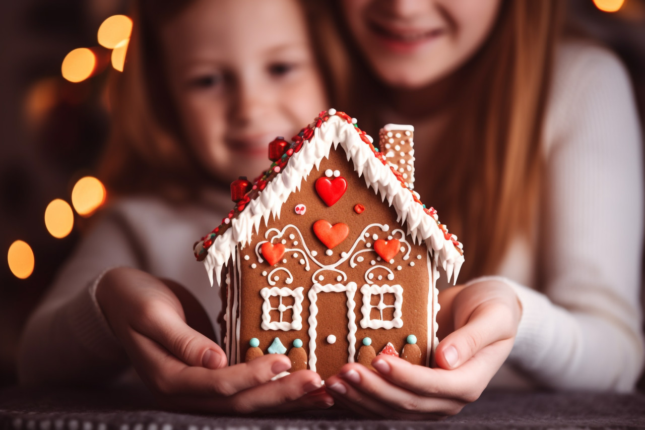 A photo of a happy adult and child holding a gingerbread house for christmas and the holidays