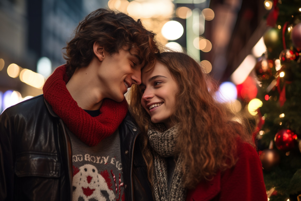 A picture of a young couple who are in love, holding each other close, on a street decorated for christmas