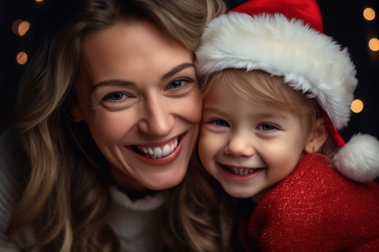 A photo of a happy family with children celebrating christmas, with a mother hugging her daughter