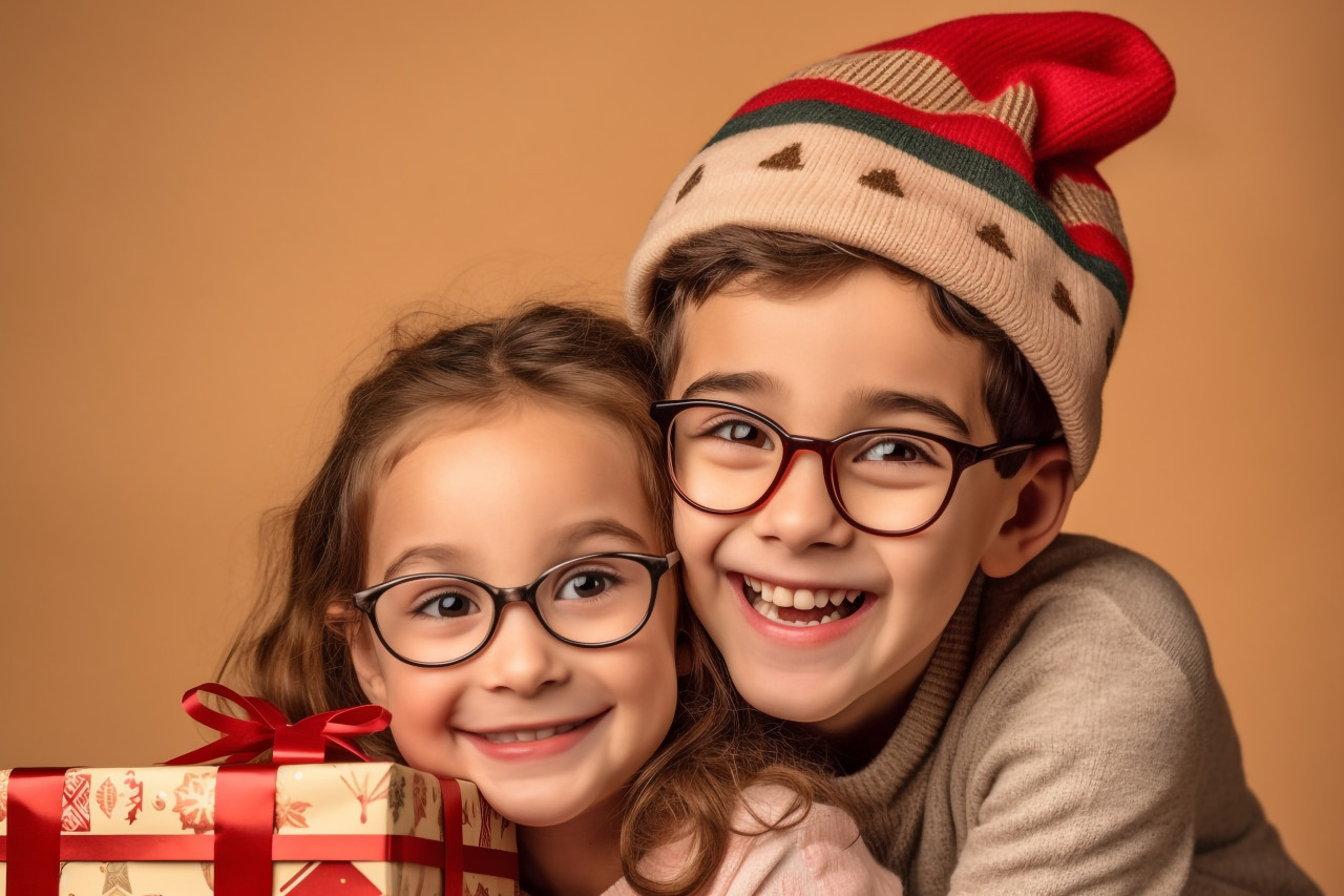 A picture of two children hugging and enjoying christmas presents while wearing christmas hats and jumpers on a beige background