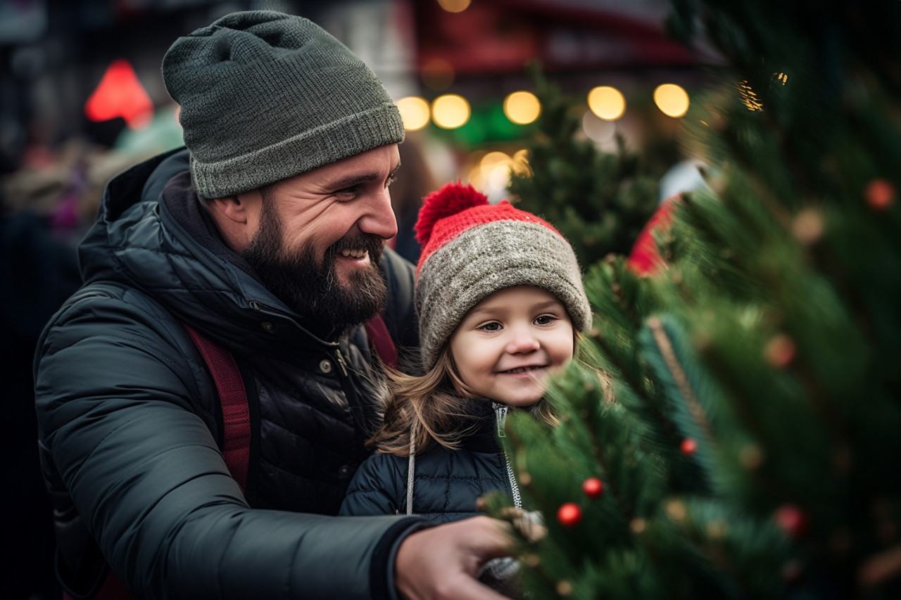 A photo of a happy father and his little daughter choosing a christmas tree at a market