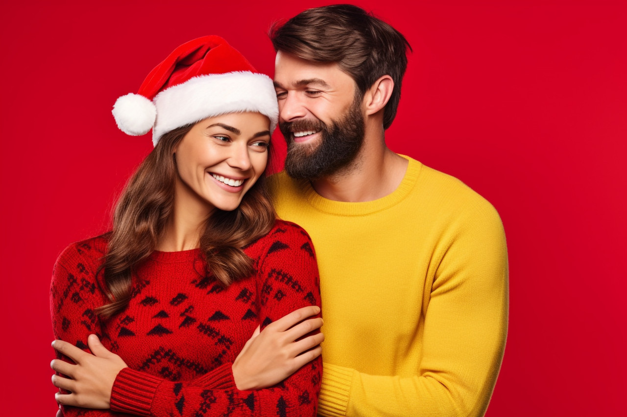 A photo of a young man and woman in their 20s wearing red sweaters and santa hats