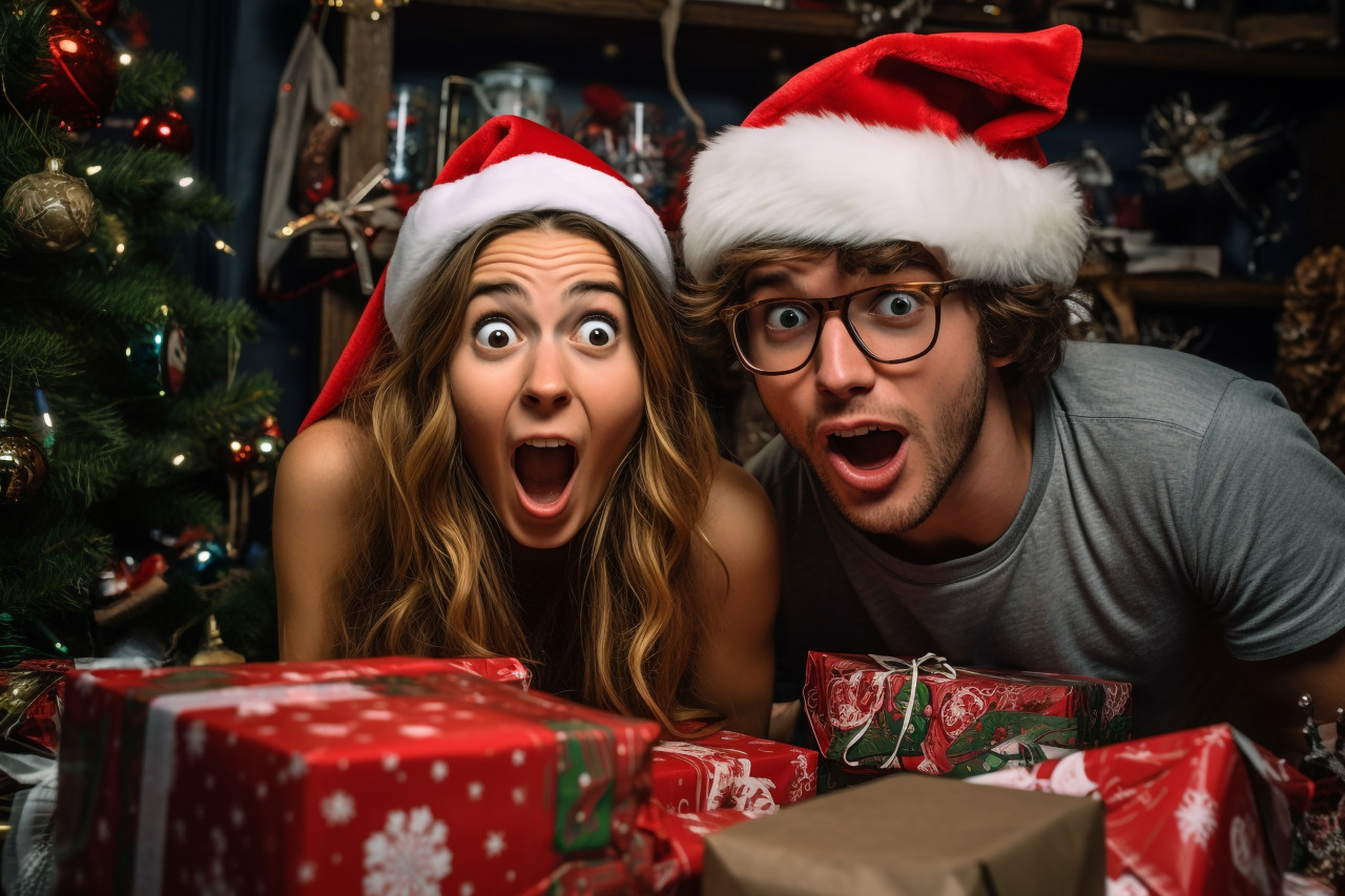 A photo of a young couple getting a christmas surprise for their holiday