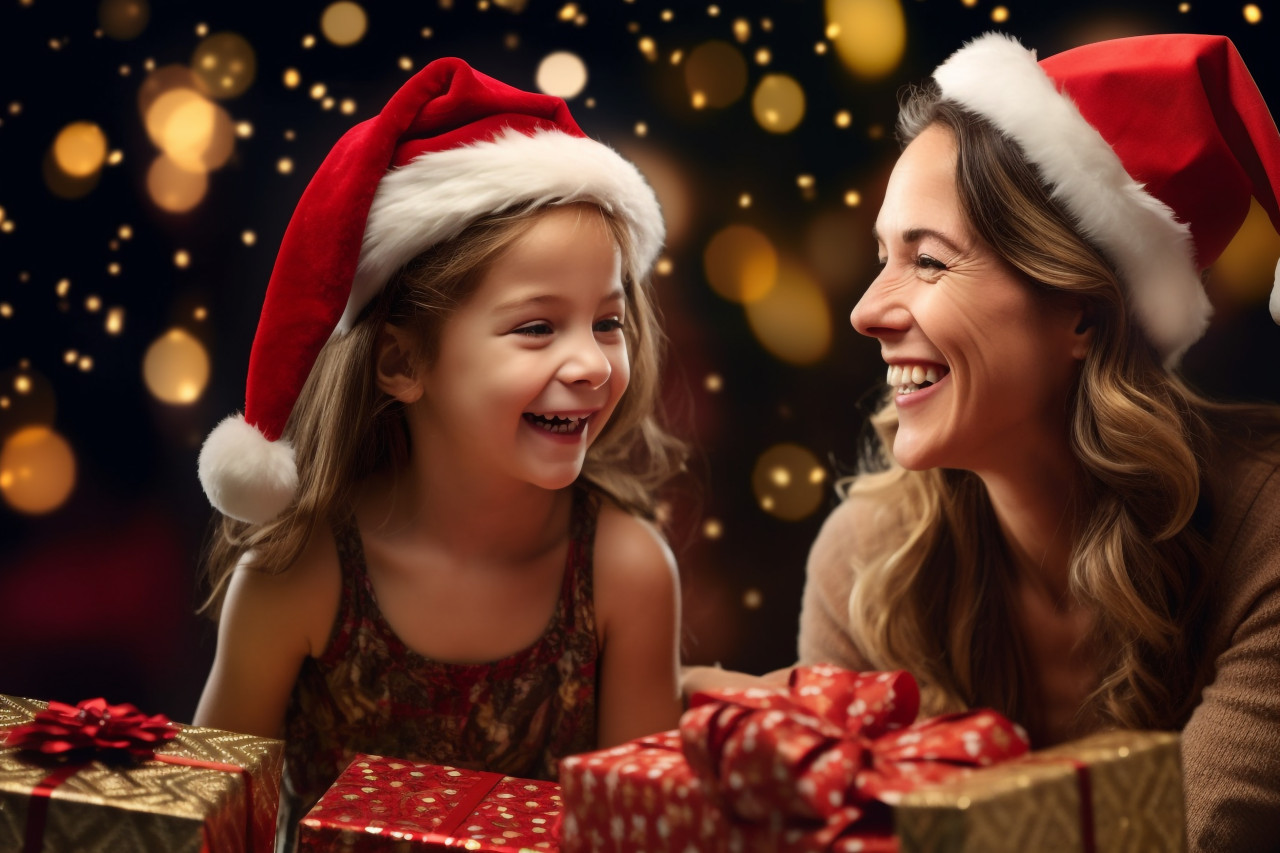 A photo of a family celebrating christmas, with a happy mother and her daughter wearing santa helper hats and holding a gift box in front of christmas lights
