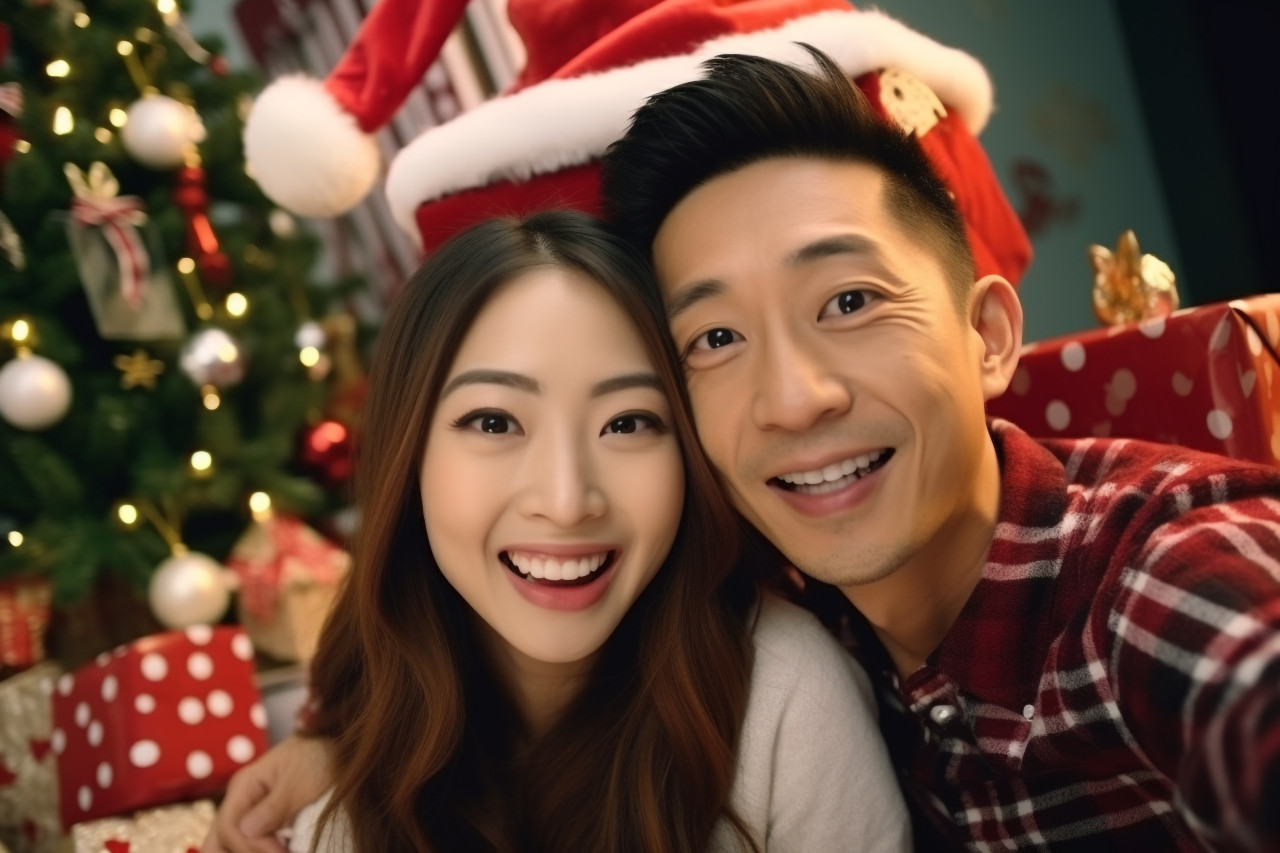 A happy asian couple wishing their family a merry christmas on a video call with a tablet
