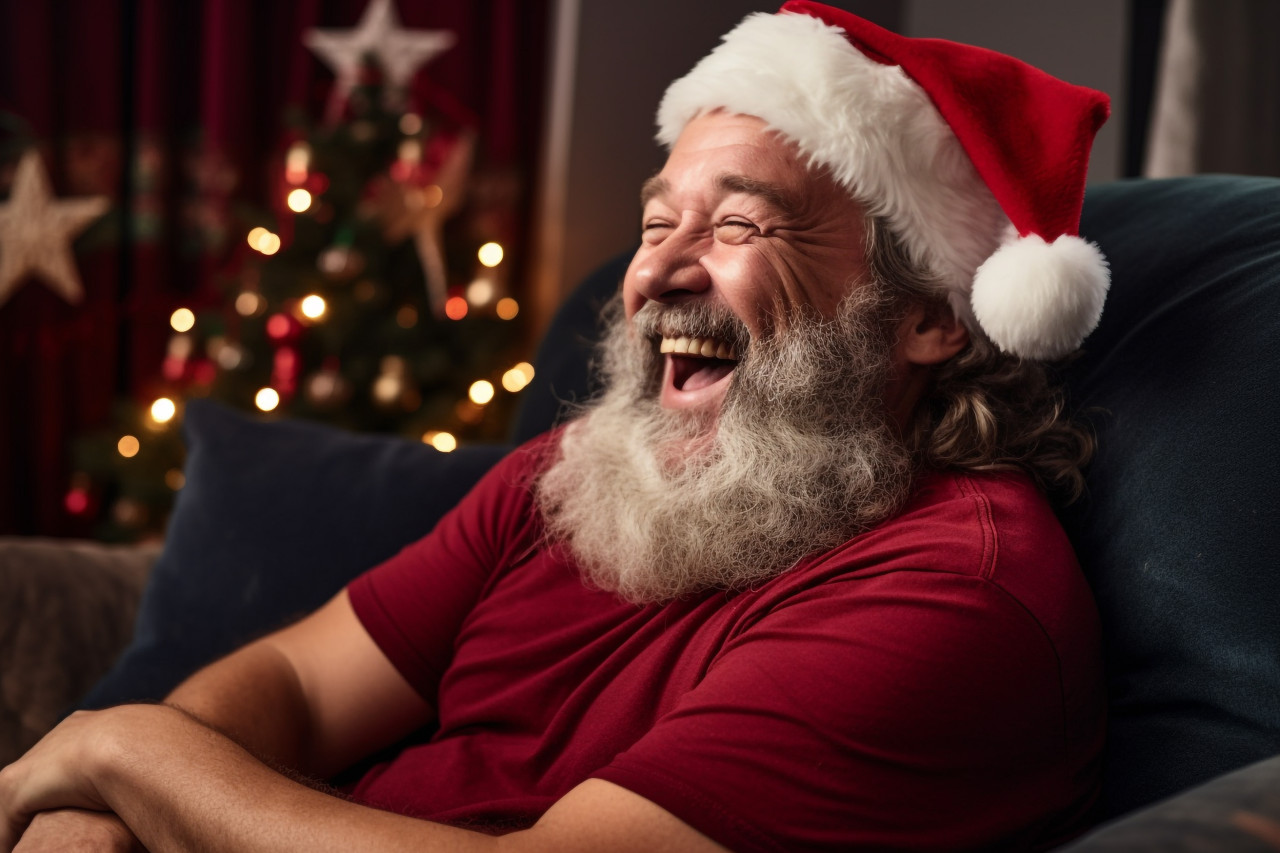 A picture of an older dad sitting on a couch at home at christmas, laughing