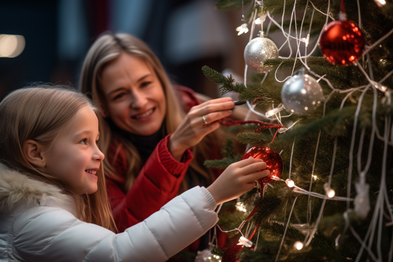 A photo of a mother and daughter decorating a christmas tree in a snowy winter scene outdoors