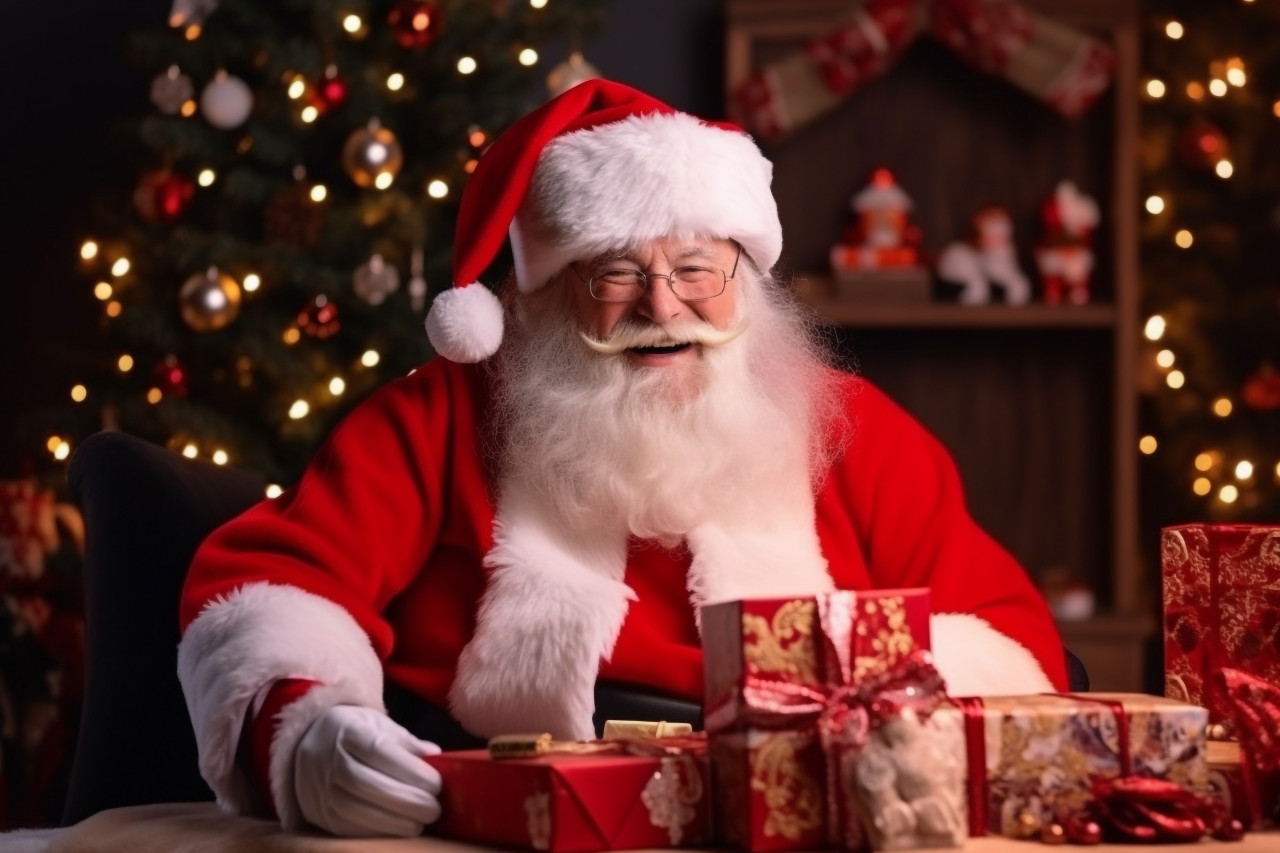 Picture of santa with a gift box on christmas eve, sitting at a cozy table in his home late at night