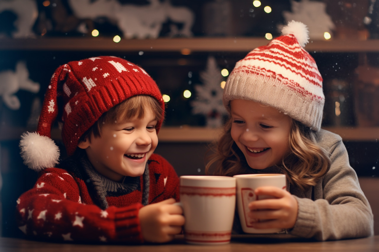 A photo of a happy boy and girl laughing and drinking hot chocolate that they made together in their cozy kitchen on christmas eve