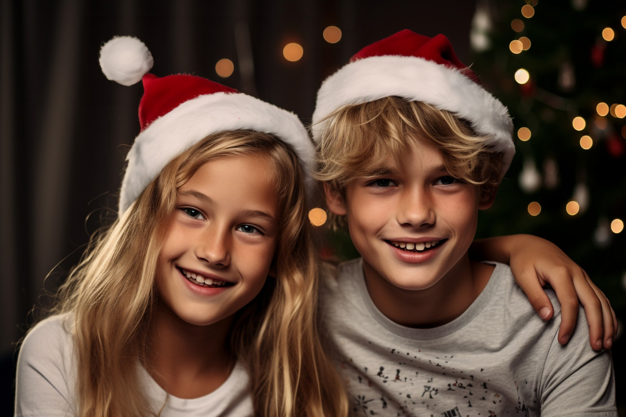 A picture of two siblings wearing santa hats and celebrating christmas together