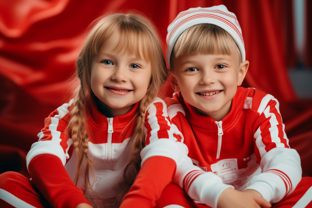 A picture of two happy kids in red and white clothes having fun together