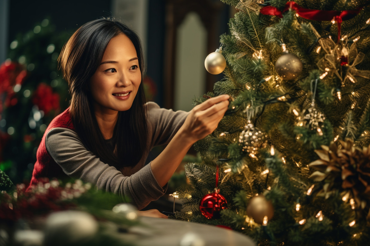 A picture of a beautiful vietnamese woman setting the table while her husband decorates the christmas tree