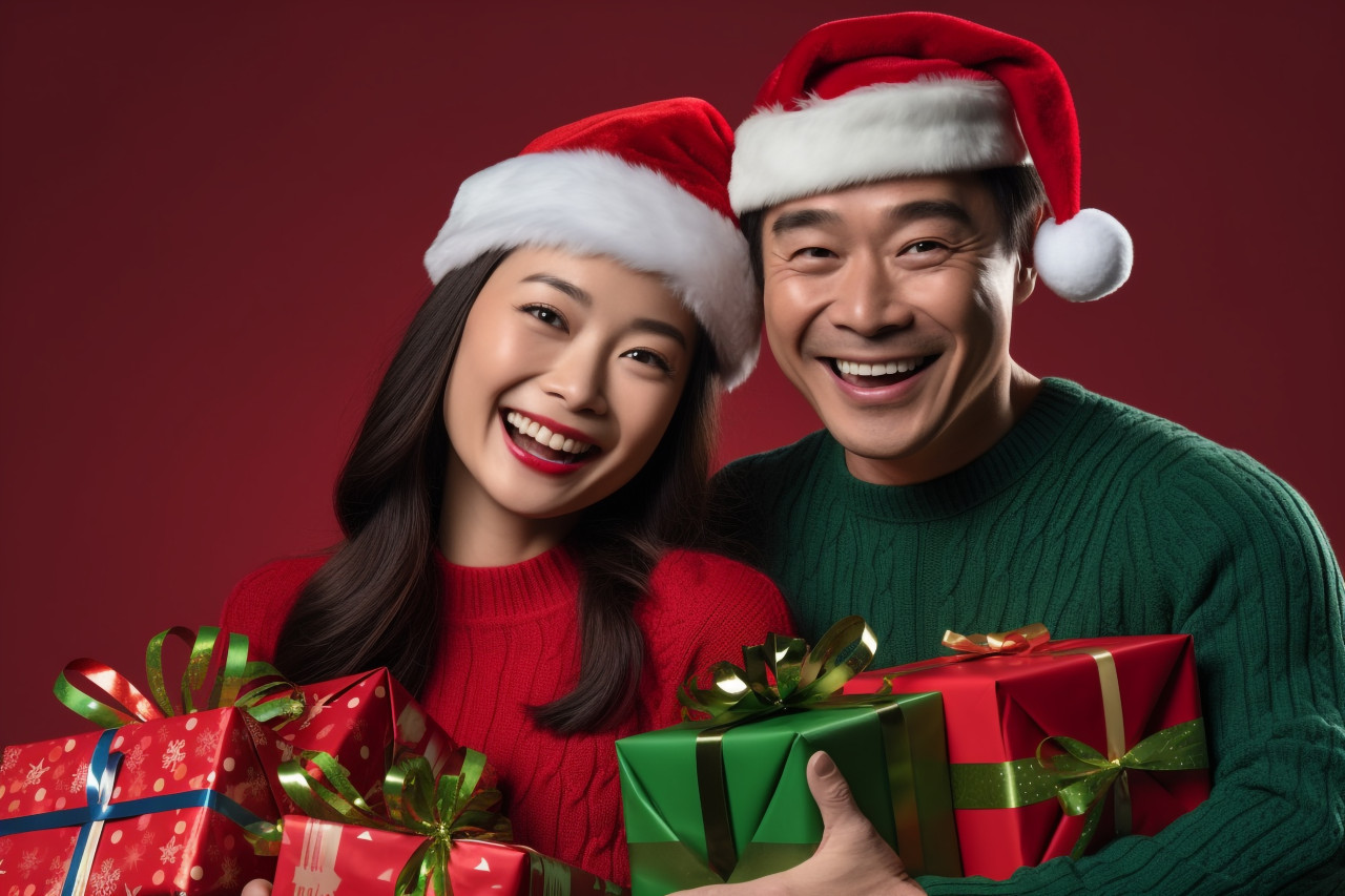 A photo of a happy asian couple in red and green clothes holding each other and celebrating christmas