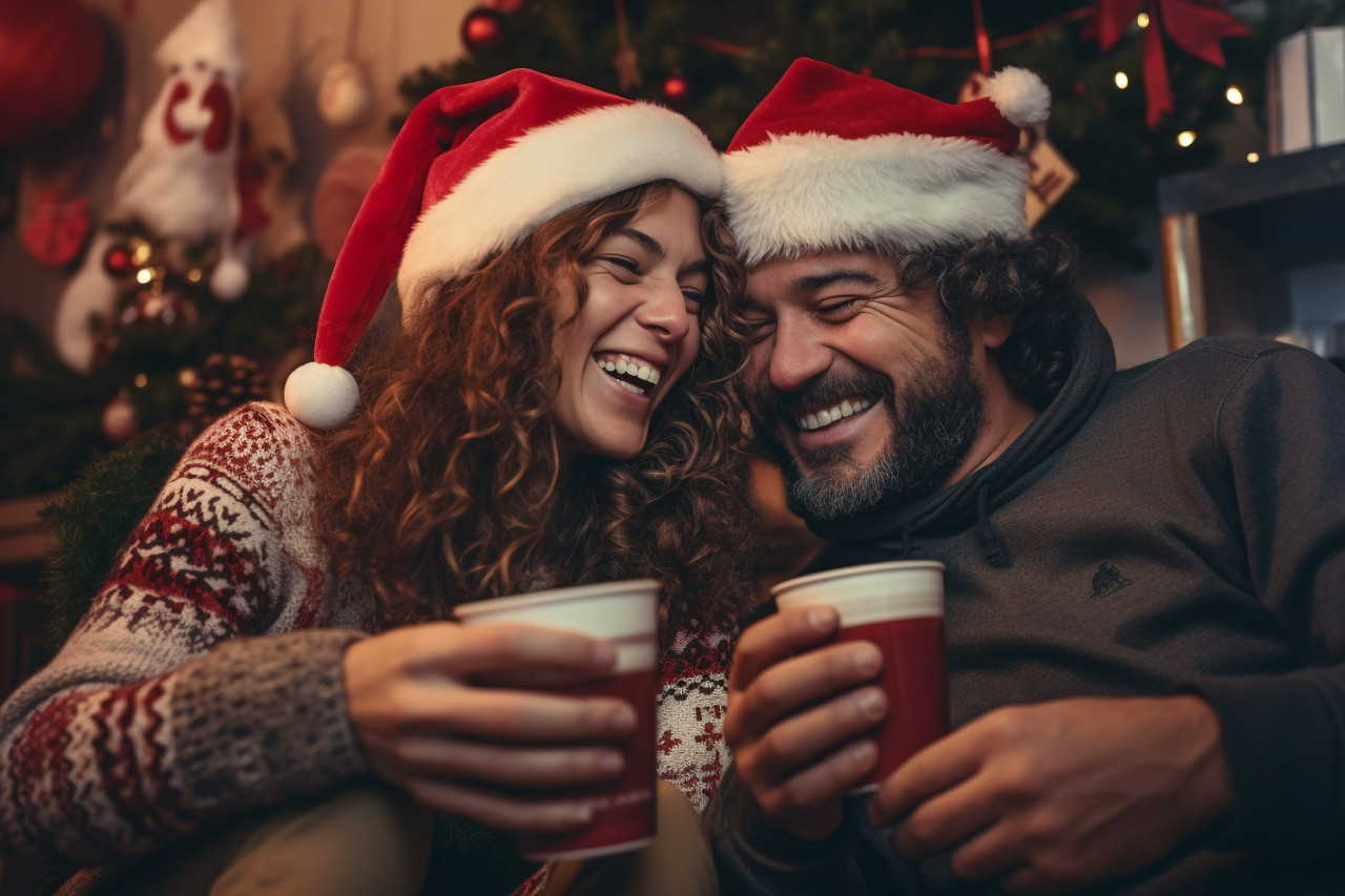 Picture of a happy latin couple enjoying christmas together at home