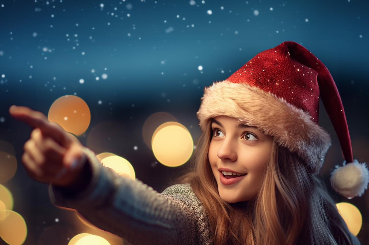 A photo of an amazed girlfriend pointing her finger at the evening sky