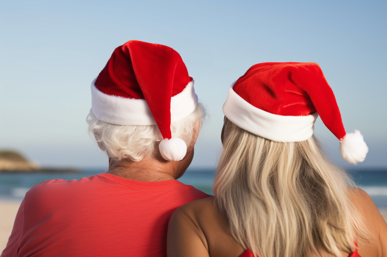 A photo of a couple wearing santa hats together on the beach, seen from behind