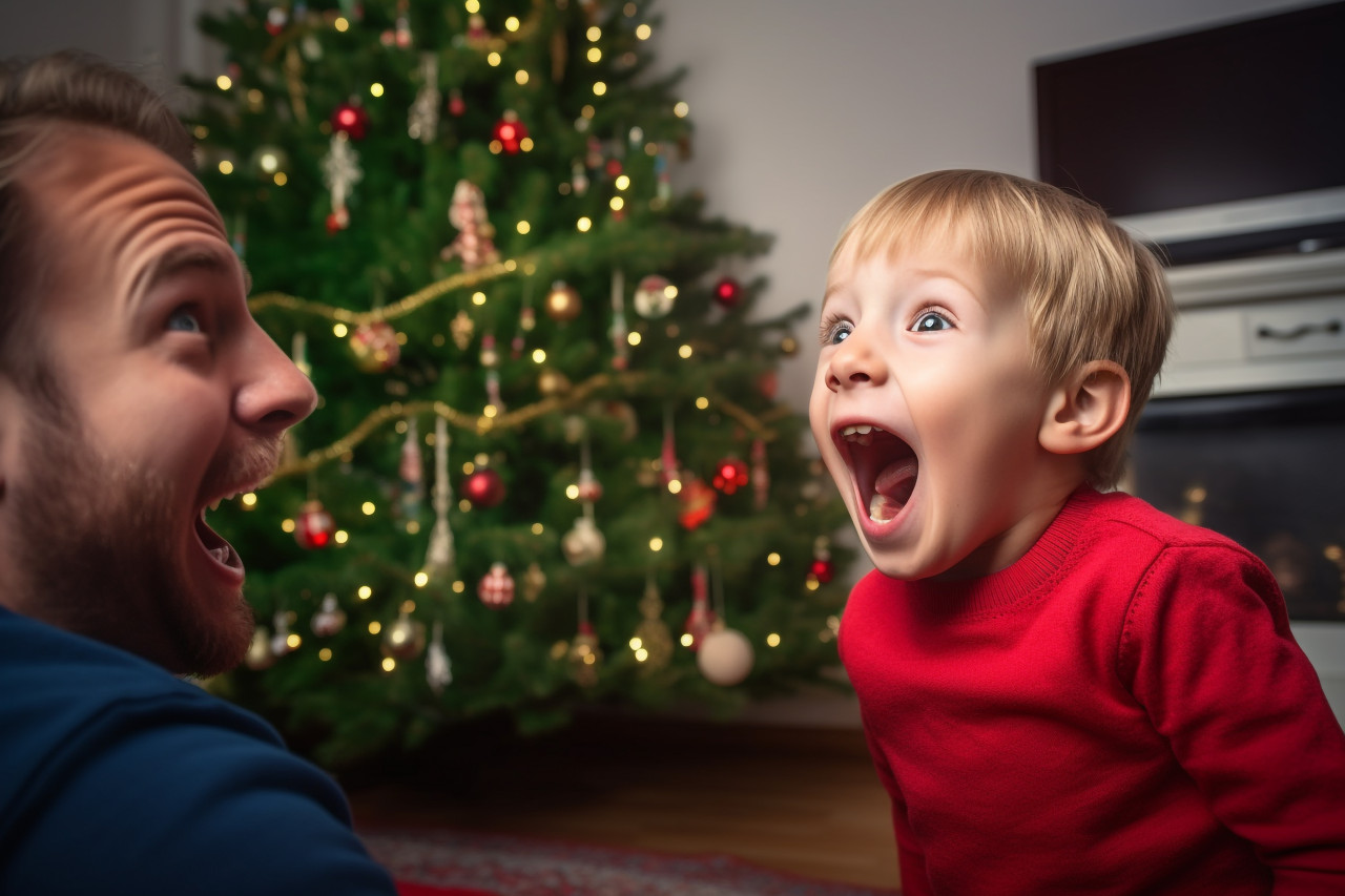 A photo of a happy son and his father looking at the christmas tree at home