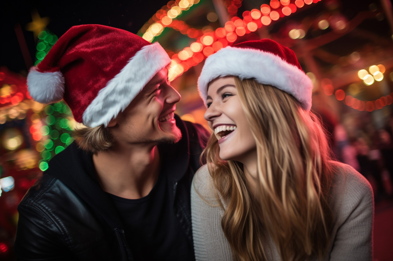 Picture of a young couple having fun at an amusement park on christmas eve