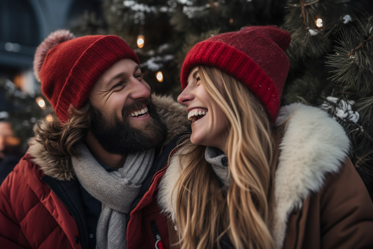 A photo of a young couple in love having fun outside in the winter before christmas