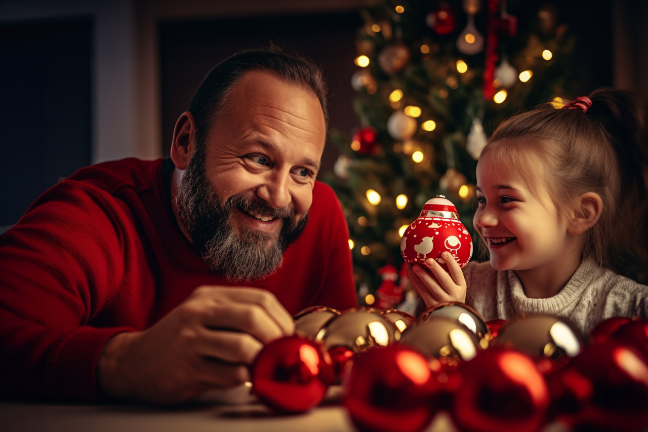 A picture of a happy father and his daughter touching christmas decorations at home