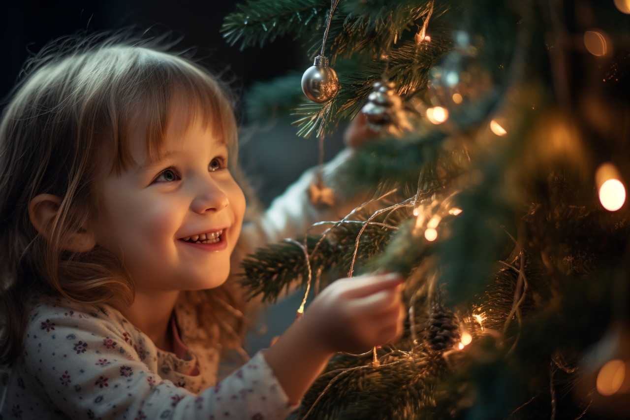 Picture of a mom and her baby girl decorating a christmas tree