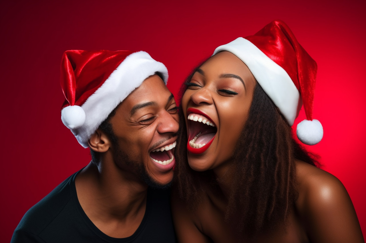 Close up photo of young black lovers wearing santa hats and having fun on a red studio background