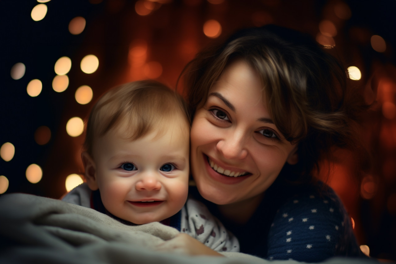A picture of a happy mother and her cute baby celebrating christmas