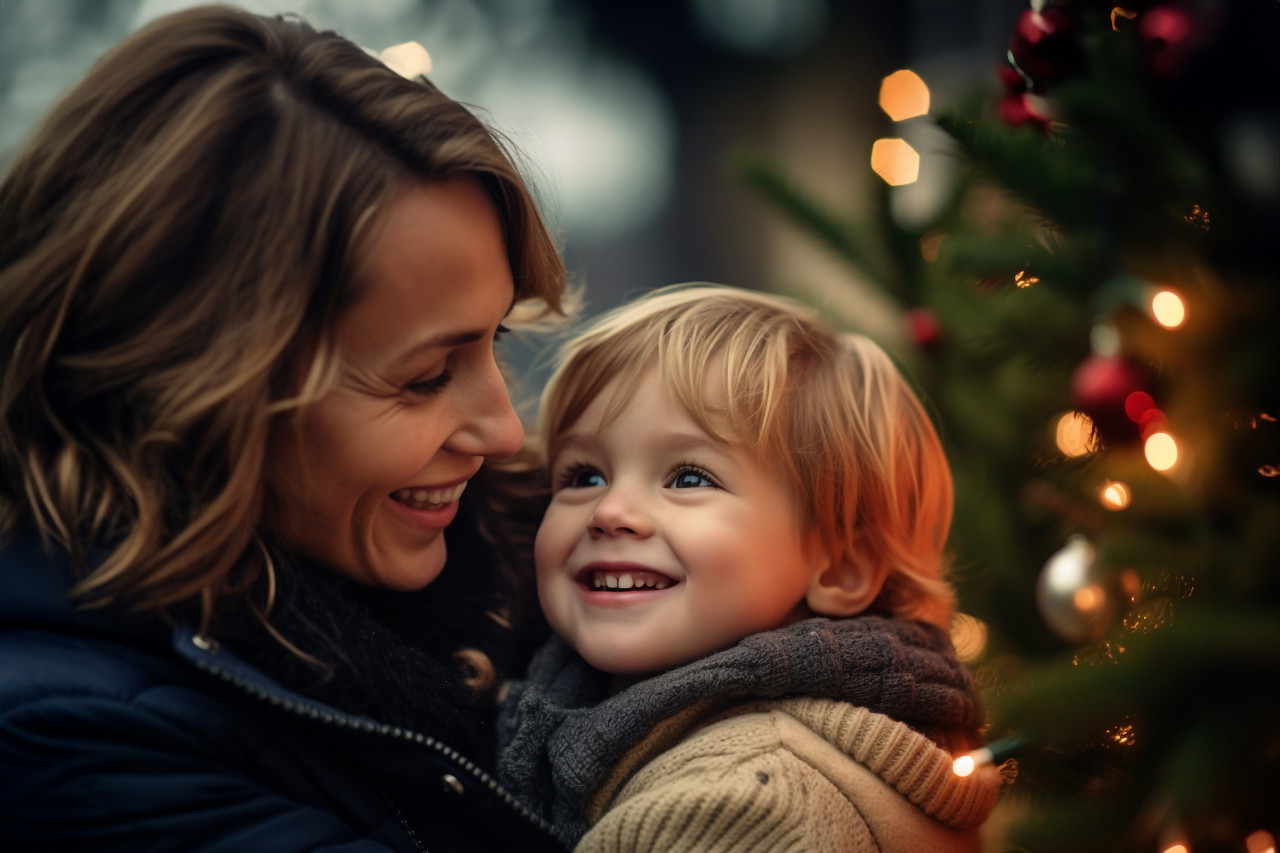 Picture of a mom with her baby in her arms, looking at a christmas tree outside