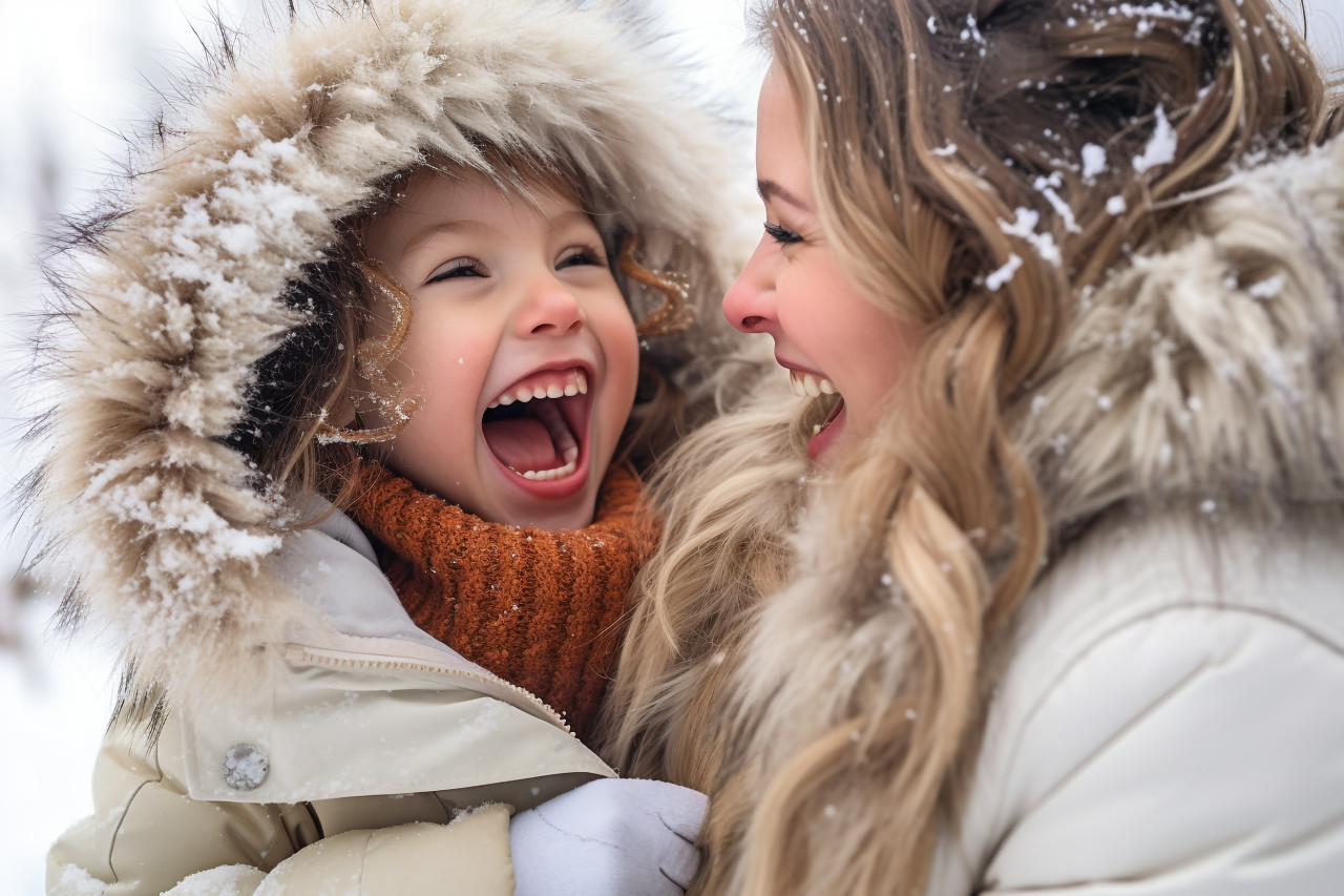 A photo of a happy, loving mother and her daughter having fun and laughing while playing in the snow on a winter walk in nature