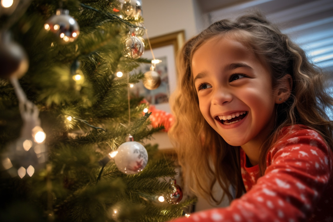 A picture of a family of four putting a star on top of a christmas tree. they are all smiling and happy