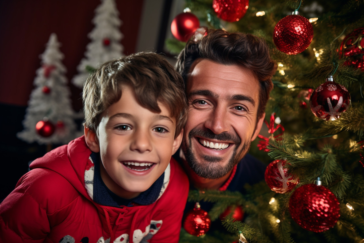 Picture of a happy dad and kid standing in front of a christmas tree at home