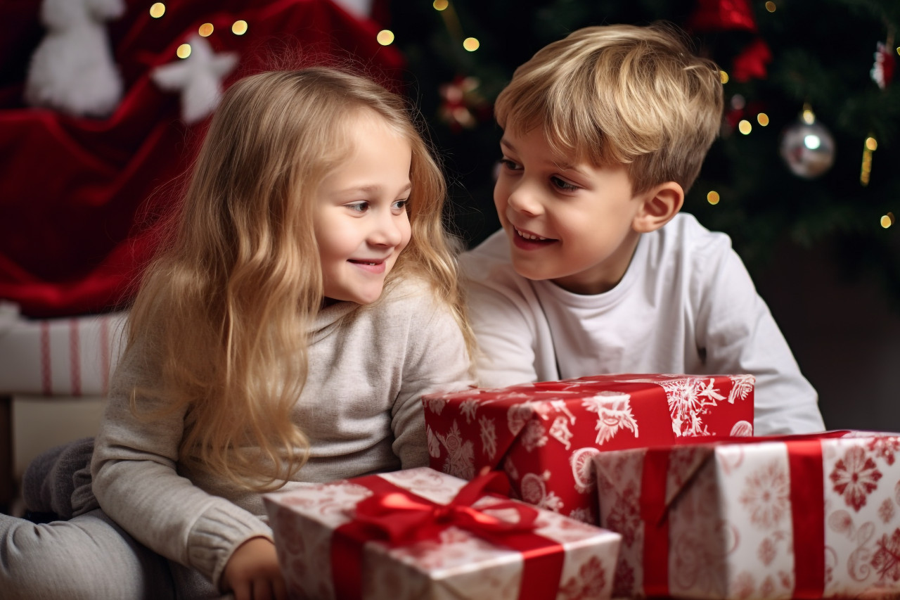 A photo of a happy little girl and boy hugging at home with christmas presents, during the christmas winter holidays