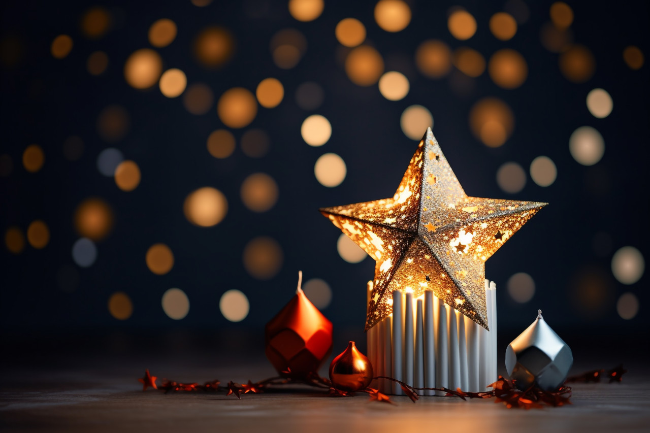 A picture of a christmas lamp with a shooting star in the background