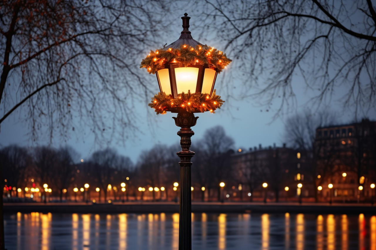 Photo of a glowing street light in front of alster lake in hamburg, germany at dusk with a christmas tree in the background