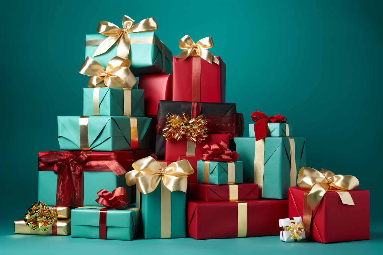 A picture of a sign with many gift boxes wrapped in velvet ribbons and paper decorations